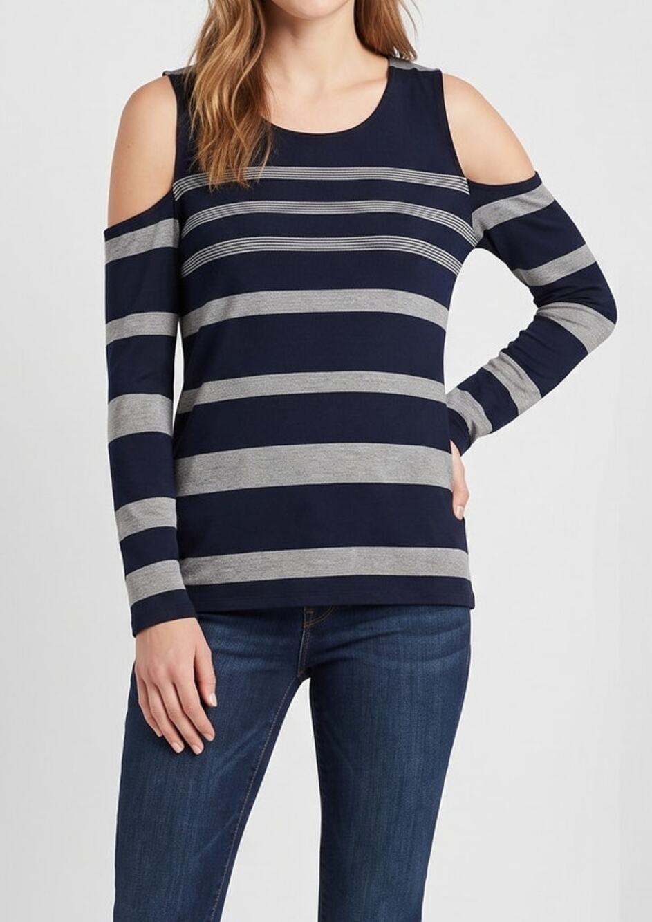 Cable & Gauge Small Long Sleeve Cold Shoulder Black Tan Shirt